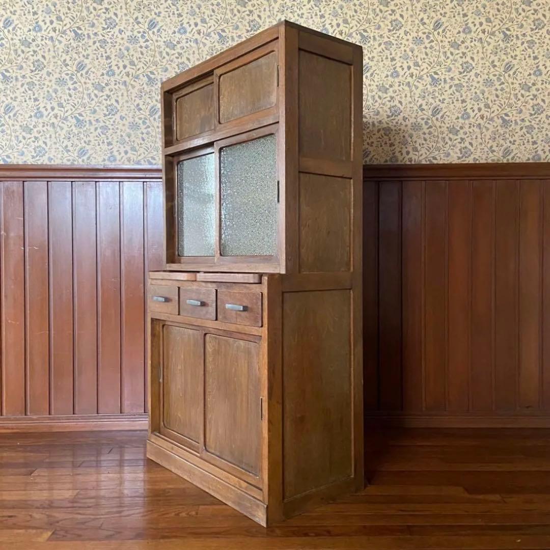 アンティーク　食器棚　置き台付き　希少な棚　ダイヤガラス　戸棚　昭和レトロ