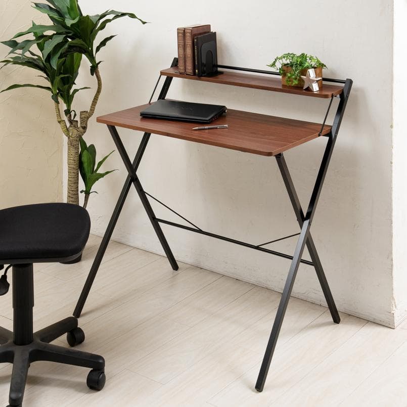 棚付き折りたたみデスク スチール×ブラウン木目 幅85