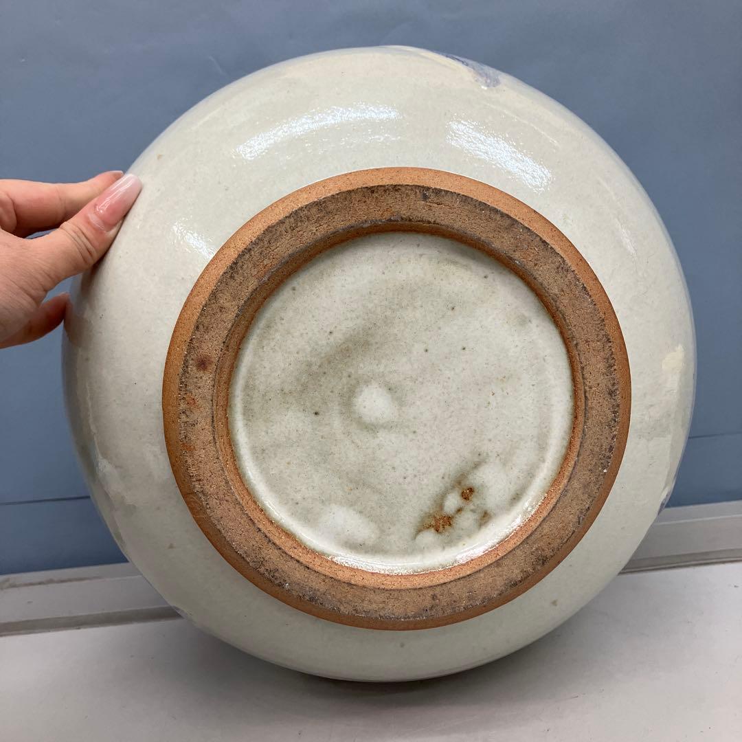 4F 昭和レトロ 陶器製 花瓶 壺型 白×紫 釉薬アート フラワーベース 古道具