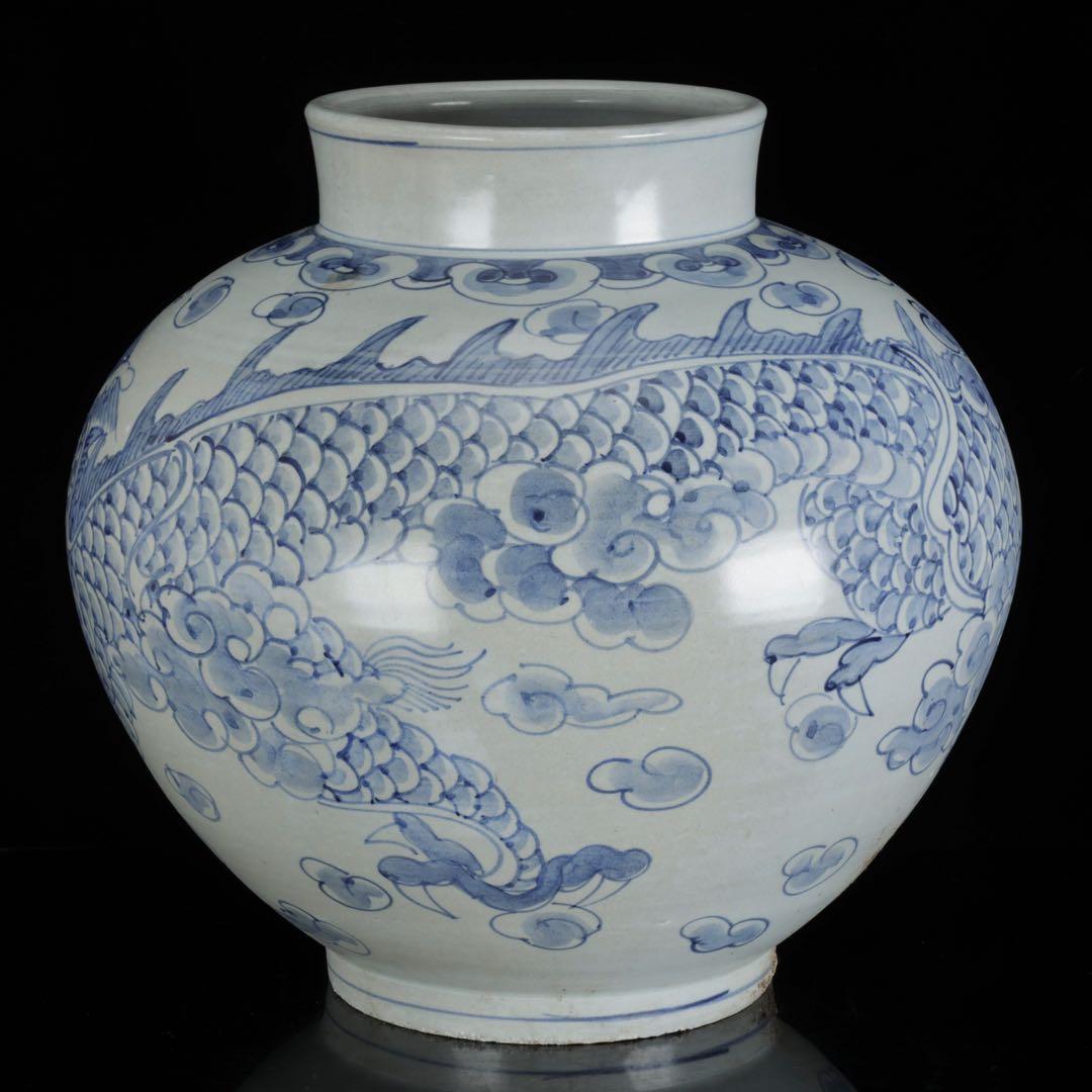 朝鮮美術 李朝 白磁 青花 染付 雲龍図 丸壺 32cm 大壺 古美術 骨董品