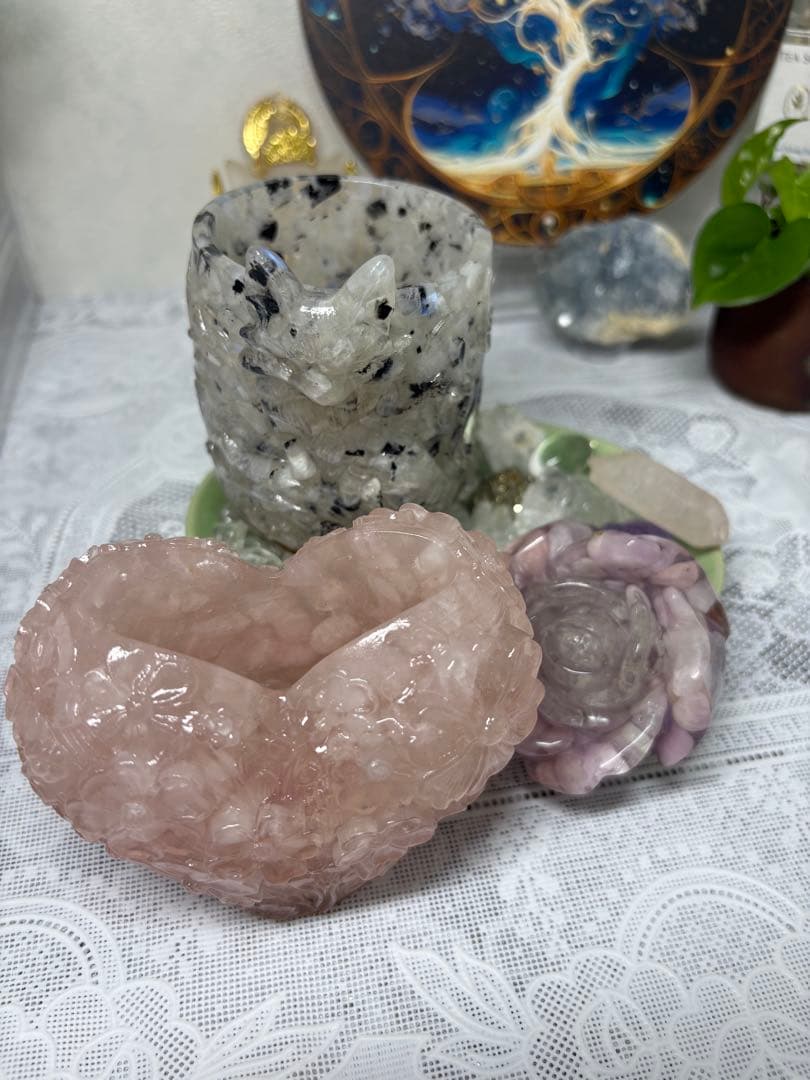 オルゴナイト 白い狐さんの小物入れ ムーンストーン