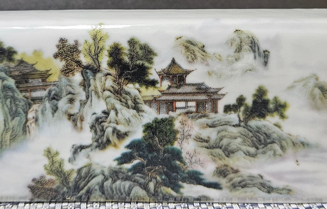 時代物　中国古陶磁器　粉彩　楼閣山水図　在銘　文鎮　碗枕　文房四宝　書道具