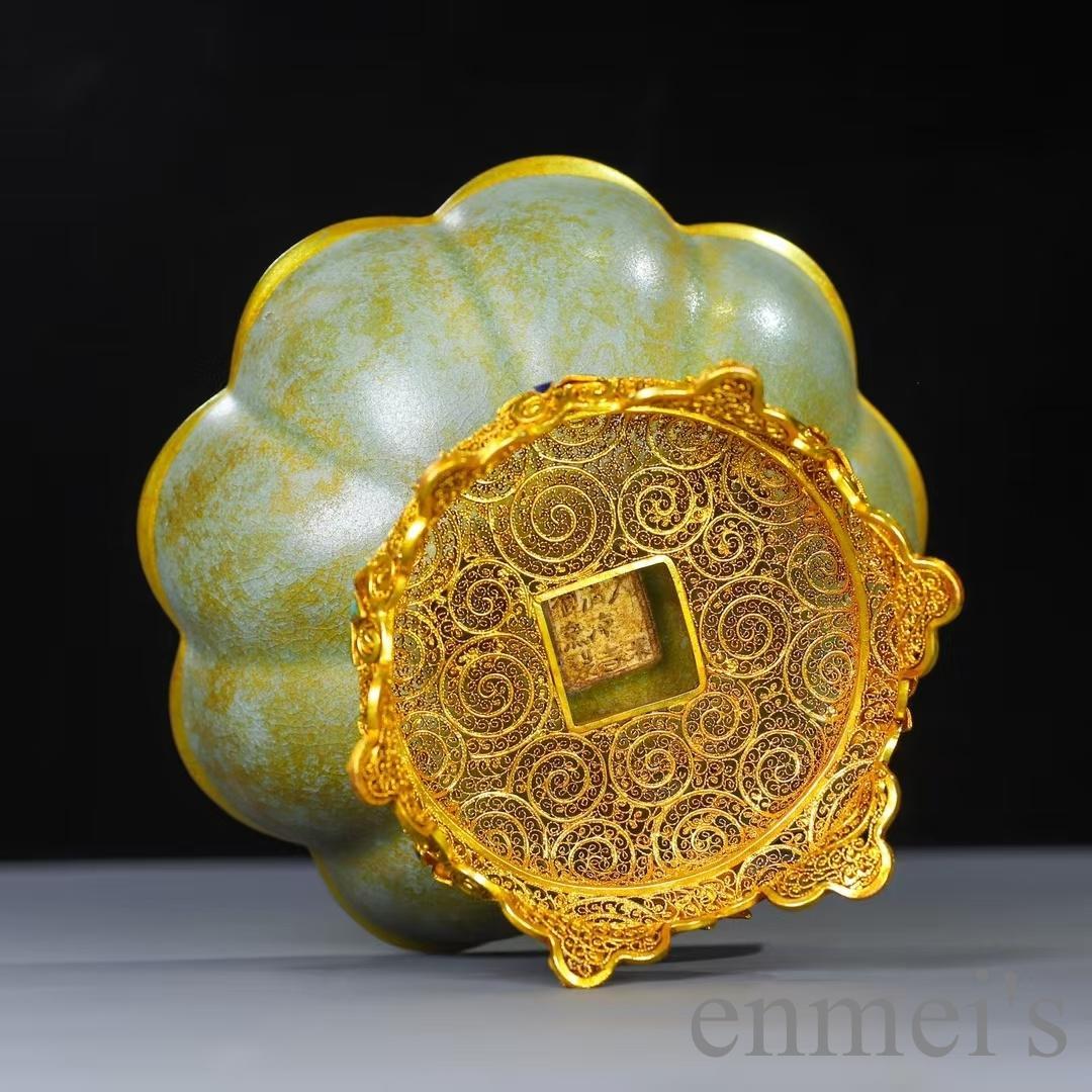 中国古美術 掐絲七宝 黄緑色 八弁花形茶碗 鍍金供盤 純銅製 仏具 供物器 茶具