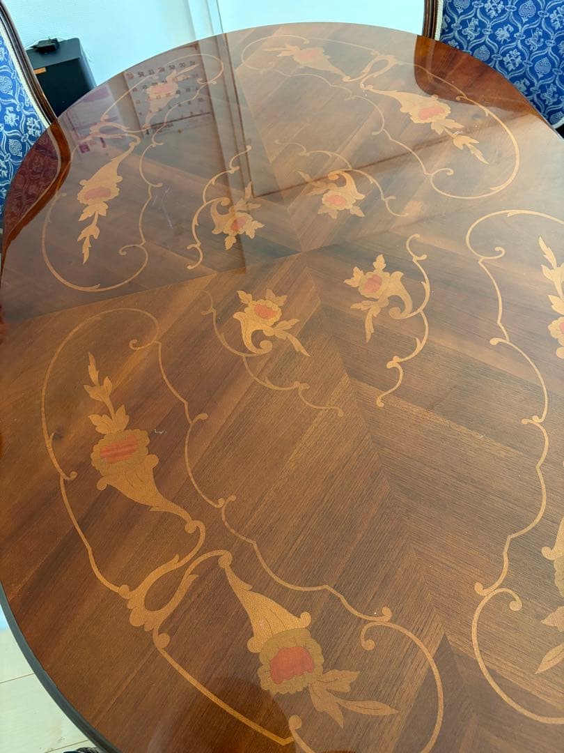 【関東限定】イタリア　5点セット 楕円形 象嵌 木製 ダイニングセット 猫脚