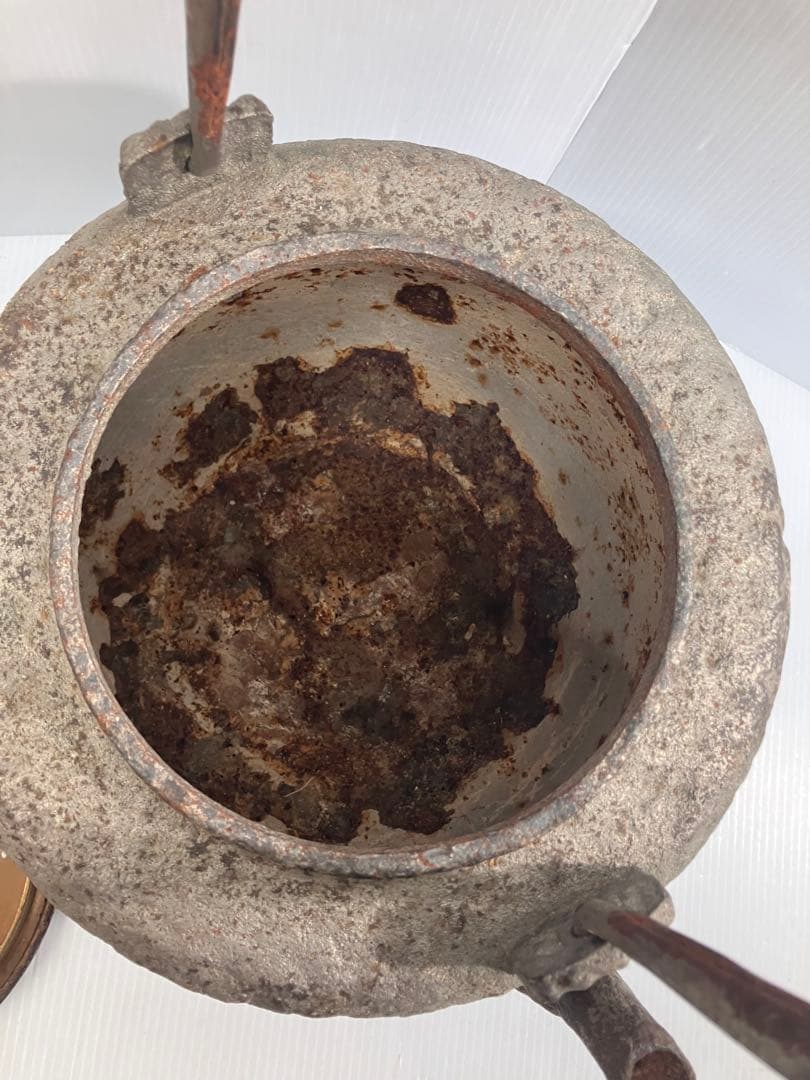 【時代物】青龍堂造鉄瓶 岩肌 銅蓋 京鉄瓶 煎茶道具 茶道具 骨董 アンティーク