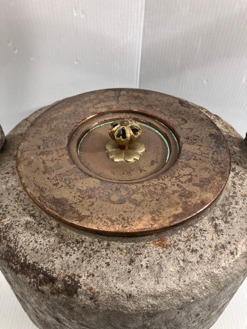 【時代物】青龍堂造鉄瓶 岩肌 銅蓋 京鉄瓶 煎茶道具 茶道具 骨董 アンティーク