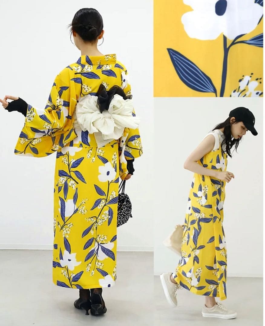 新品　花柄　着やすい　2部式　浴衣ワンピース・帯セット（黄色）