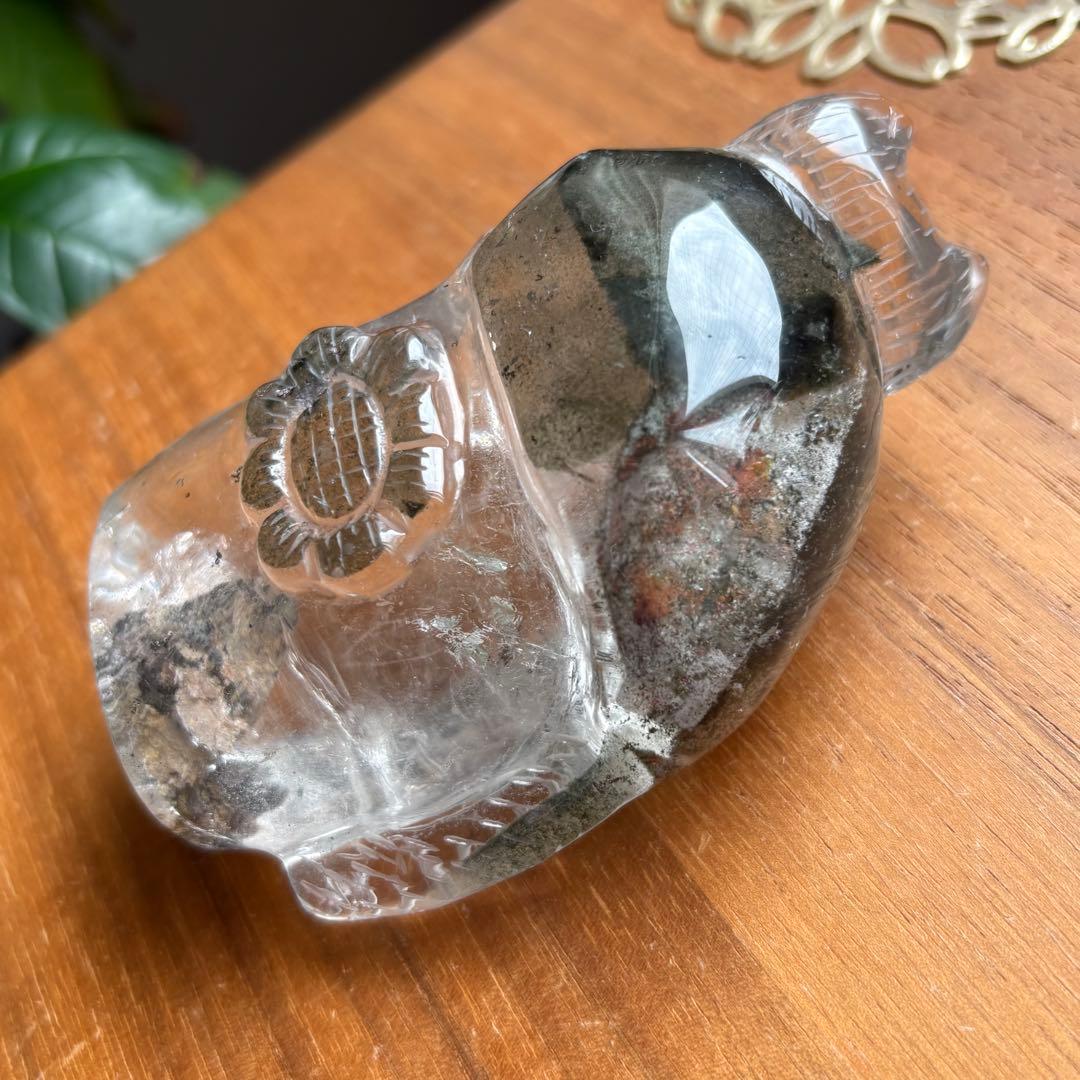 天然石 ブラジル産 グリーンガーデンクォーツ 猫の置物314g