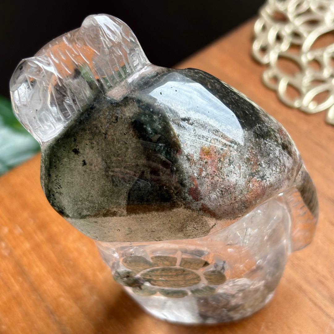 天然石 ブラジル産 グリーンガーデンクォーツ 猫の置物314g