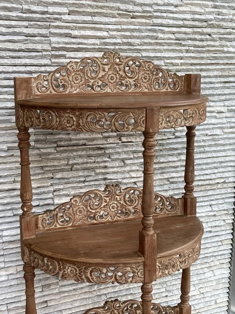 インドネシア　３段　飾り棚　木製　シェルフ　彫刻装飾