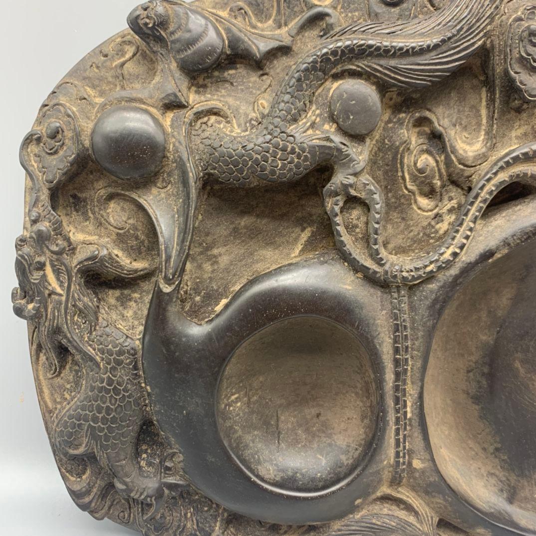硯  竜騰紋瓢簞硯    書道具 文房具 工芸品 美術品 置物