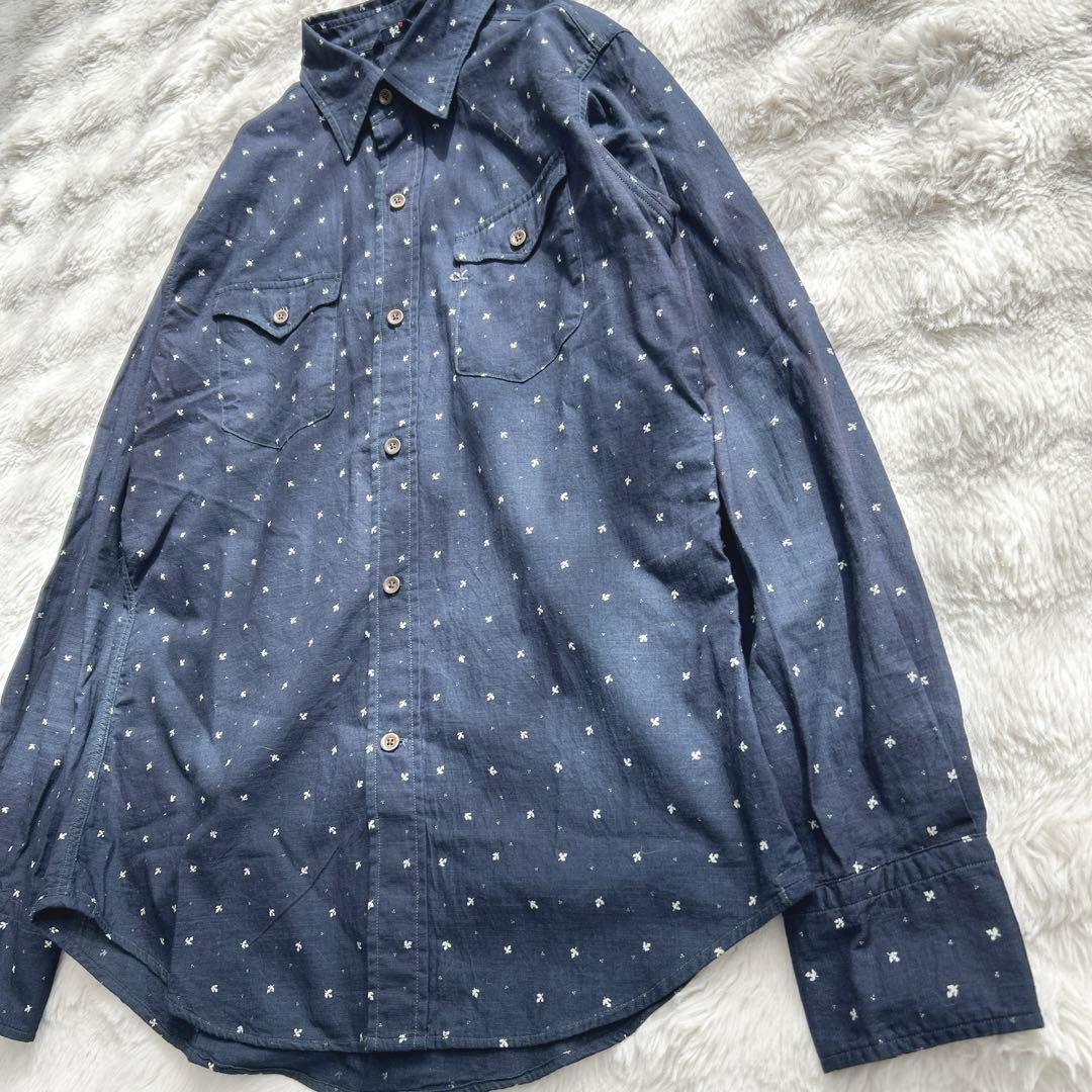 45R★総柄　インディゴ染　シャツ　ブラウス　コットン　藍色