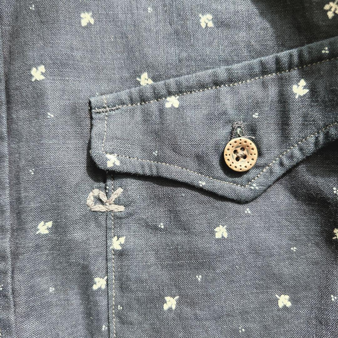 45R★総柄　インディゴ染　シャツ　ブラウス　コットン　藍色