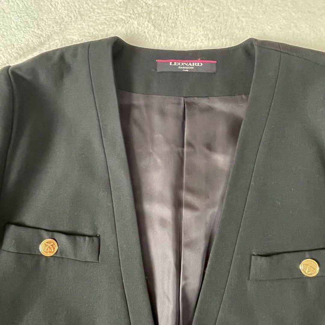 レオナール　ノーカラージャケット　金ボタン　9 ブラック　黒