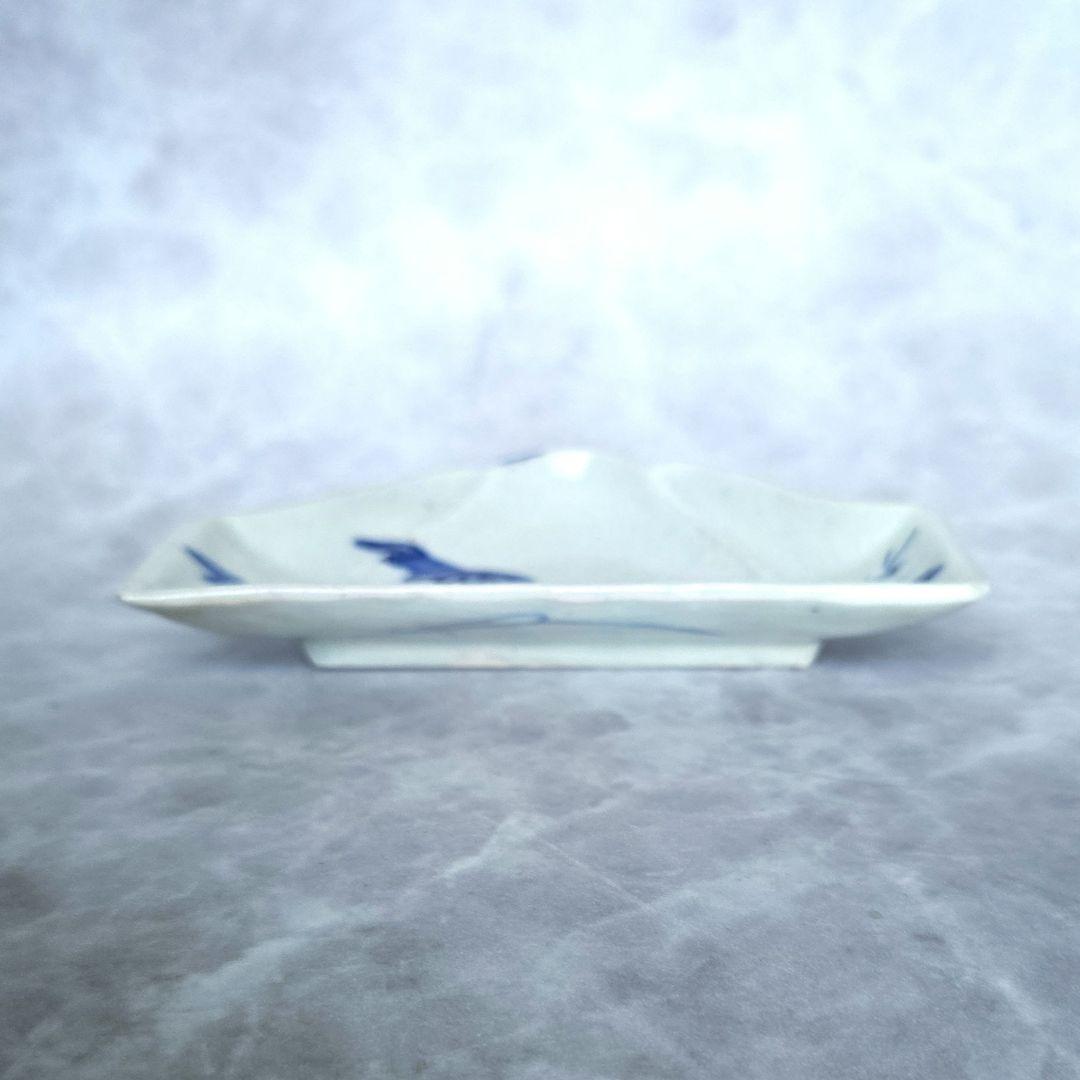 古伊万里　染付　富士山　変形小皿　型紙摺　江戸時代　笹　竹　骨董　アンティーク