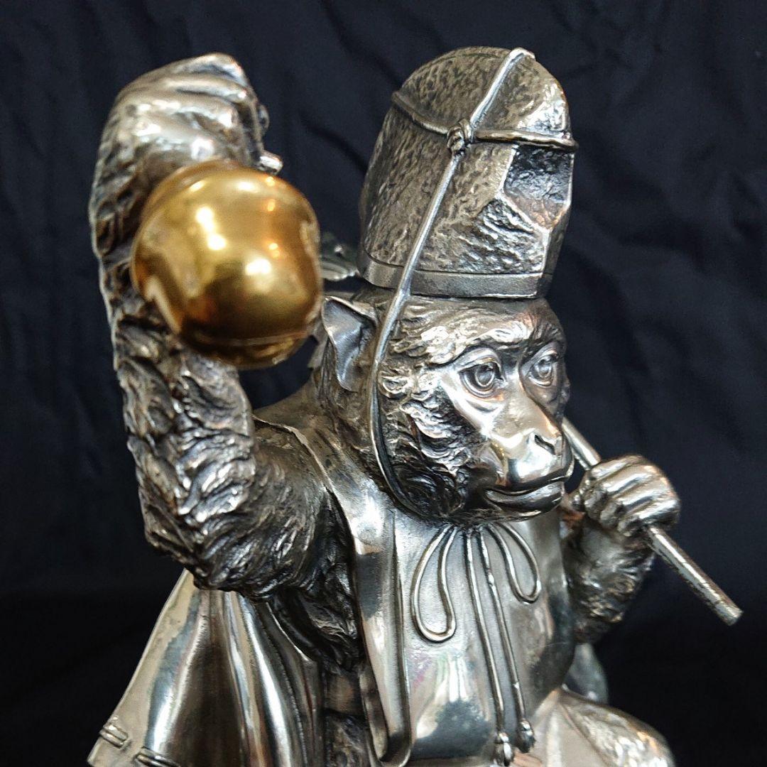 銀製三番叟猿置物 箱付き インテリア 骨董 アンティーク 申年 銀