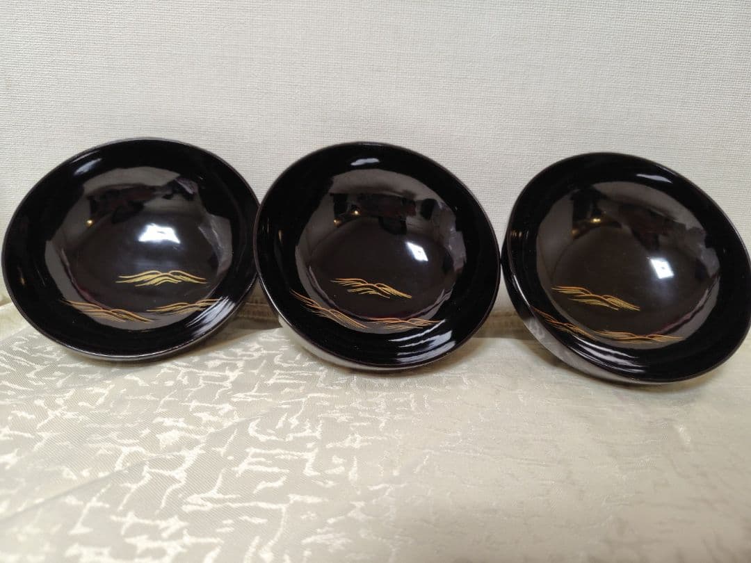 輪島塗　お椀　蒔絵富士山金波模様　吸物椀　三客　木製　当時物　時代物