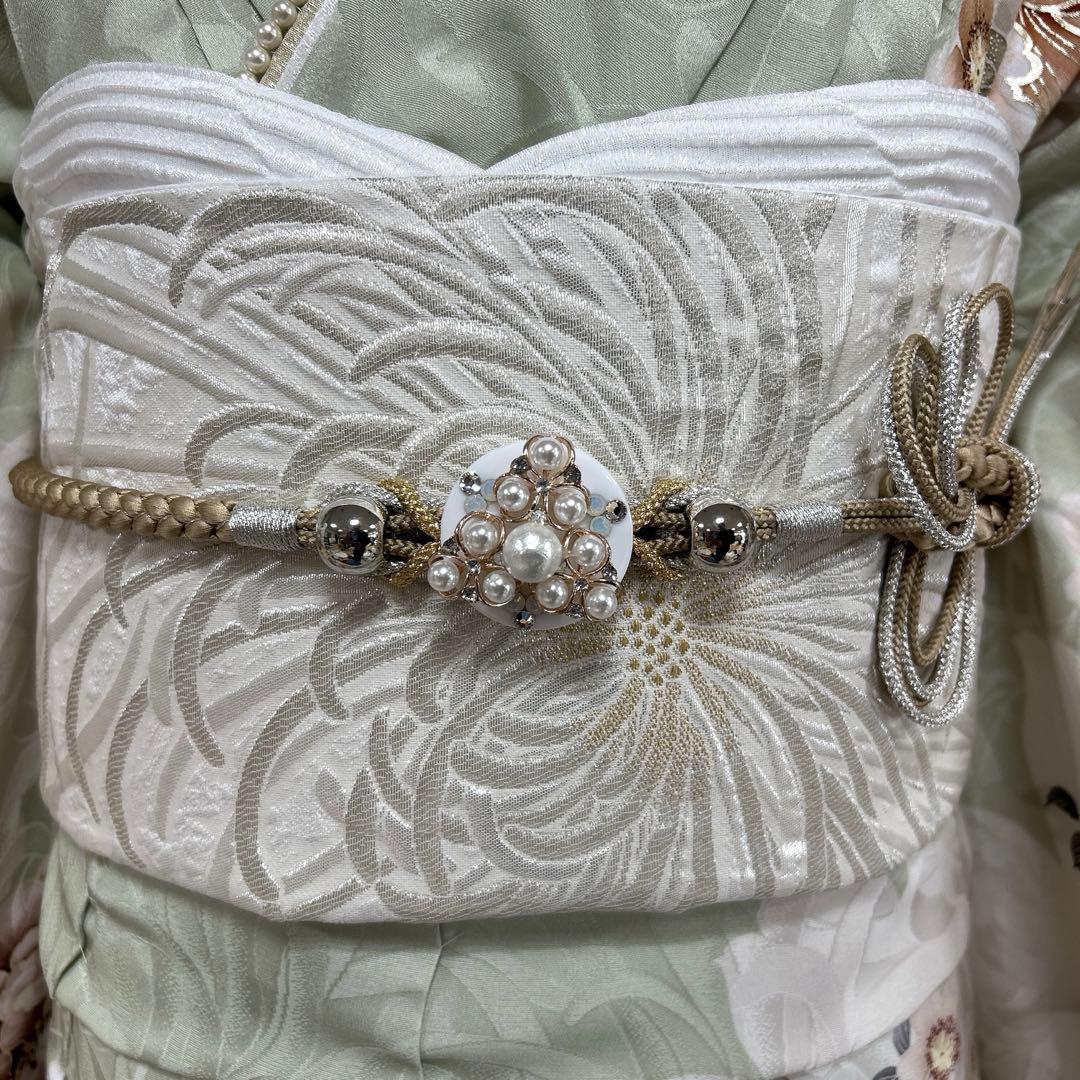 上品なくすみグリーンの牡丹と菊の振袖フルセット