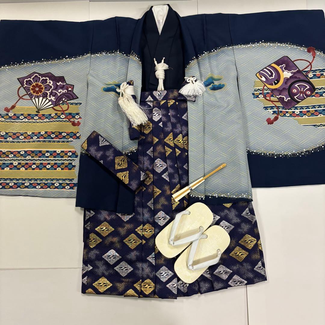 七五三　5歳男の子　着物・袴セット　明るい紺色　ブルーグレー　鷹　鼓