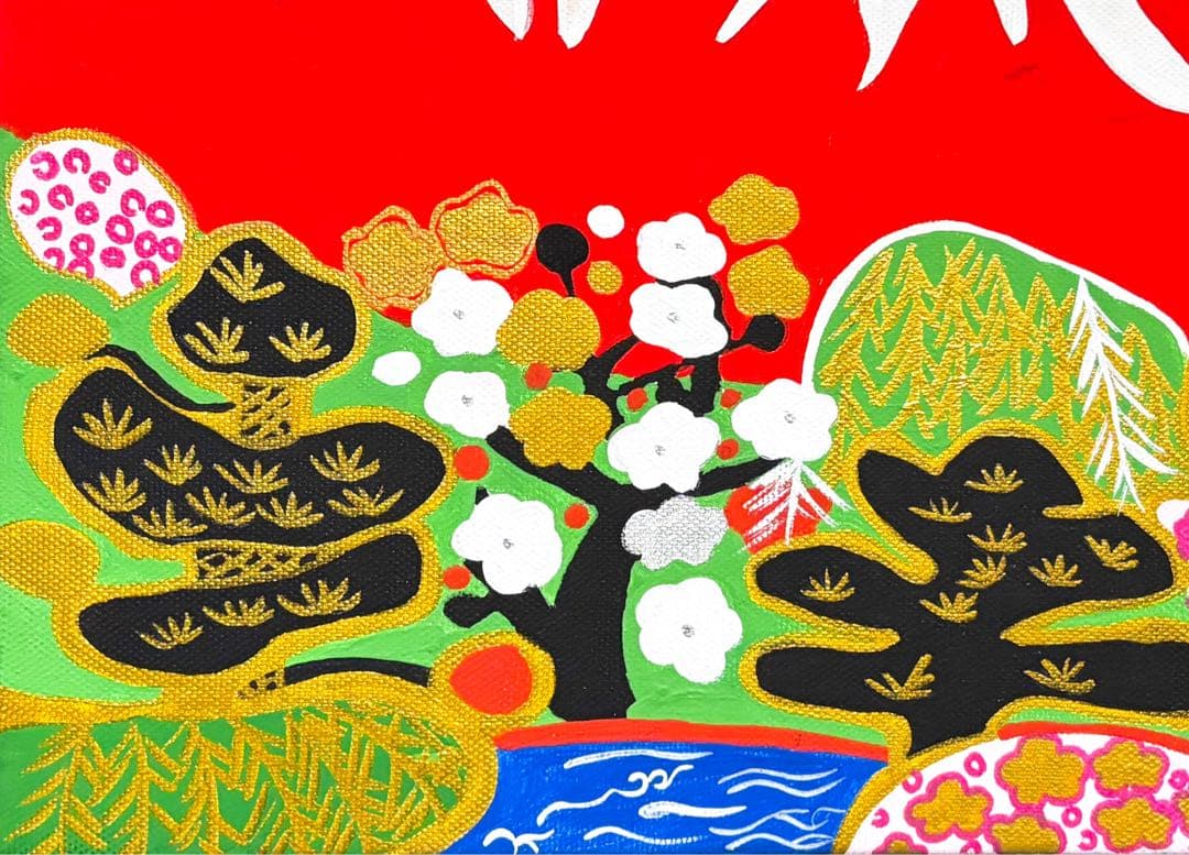 【F4号】手描き油彩　片岡球子　富士に献花　赤富士　額縁　未使用額　サイン　落款