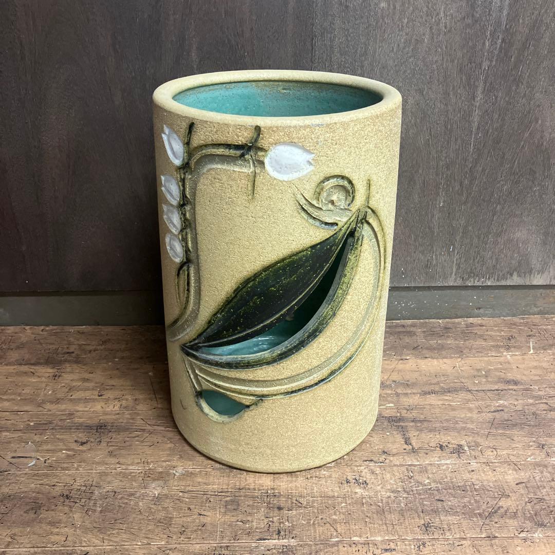 C-5 昭和レトロ 陶器製 傘立て 花柄 浮彫り 和モダン シリンダー型 リーフ