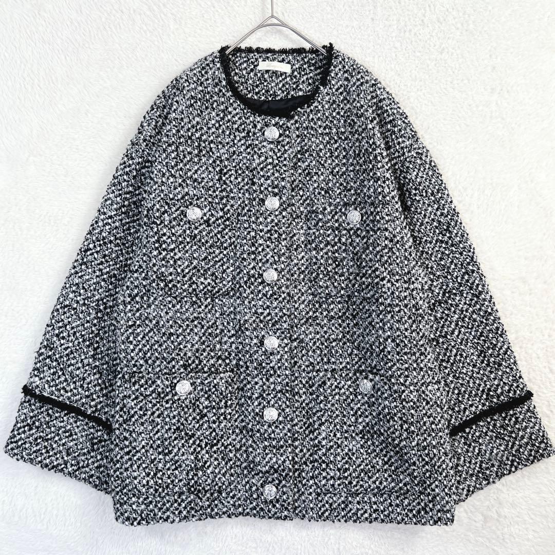 美品✨ラウンジドレス ツイードジャケット ノーカラー ウール 黒 人気完売品