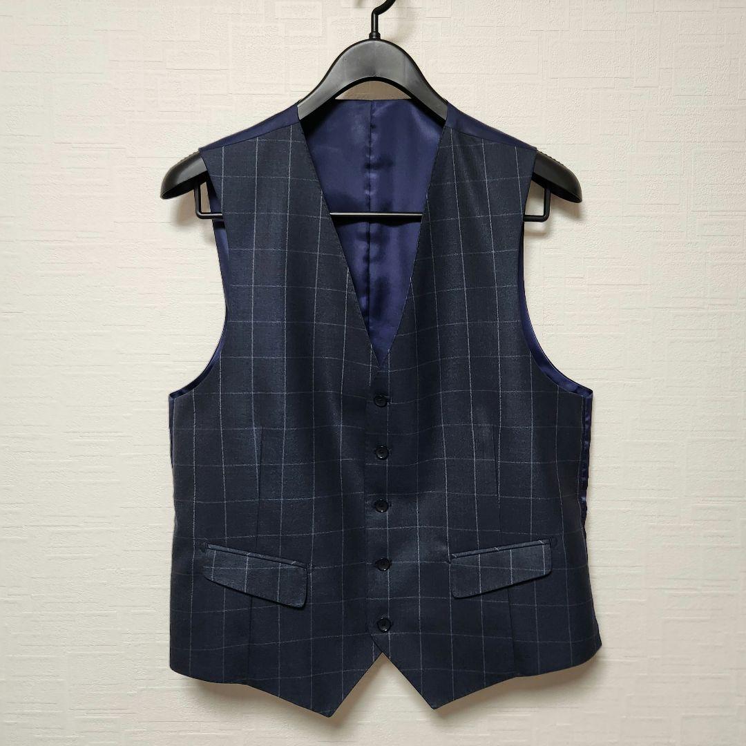 洋服の青山　パーソンズ　メンズスーツ　スリーピース　光沢　濃紺ブルー　チェック