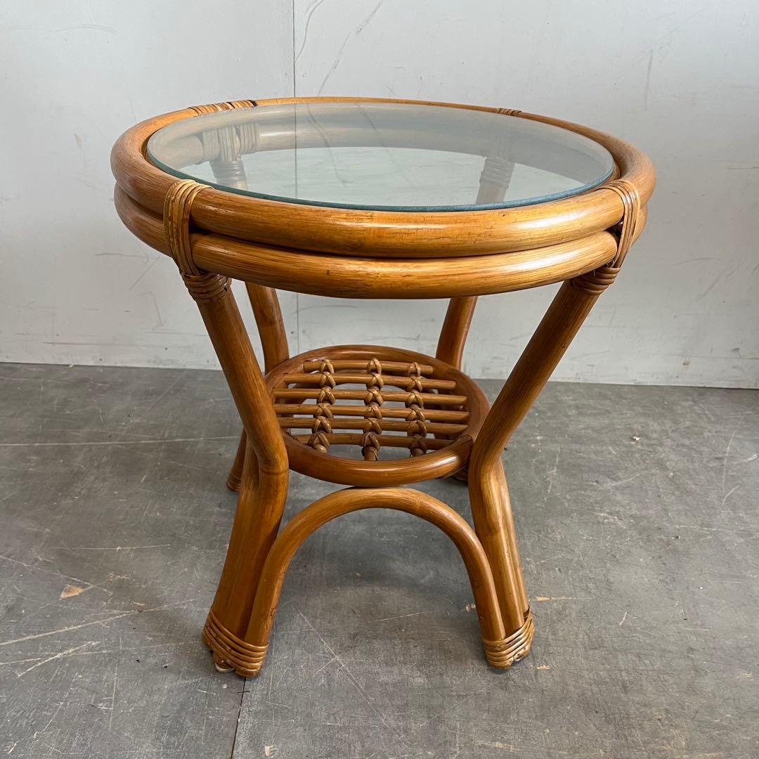 ヴィンテージ ラタン ガラス テーブル ラウンド レトロ 籐