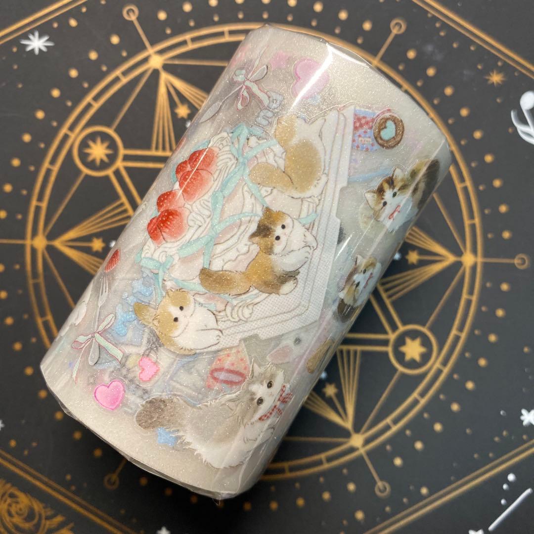 【9088】海外　マスキングテープ5m巻　ラメ加工カッティング猫　ケーキ　動物系