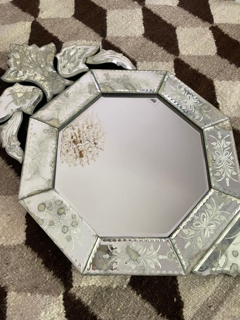エッチングデザイン 八角形壁掛けミラー