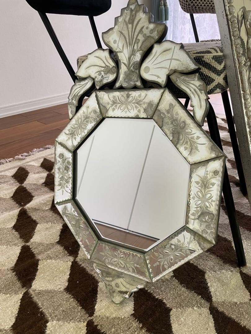 エッチングデザイン 八角形壁掛けミラー