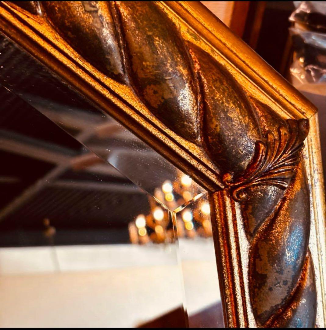 湯布院アンティーク イタリア ウォールミラ ゴールド木製フレーム 凸ガラス