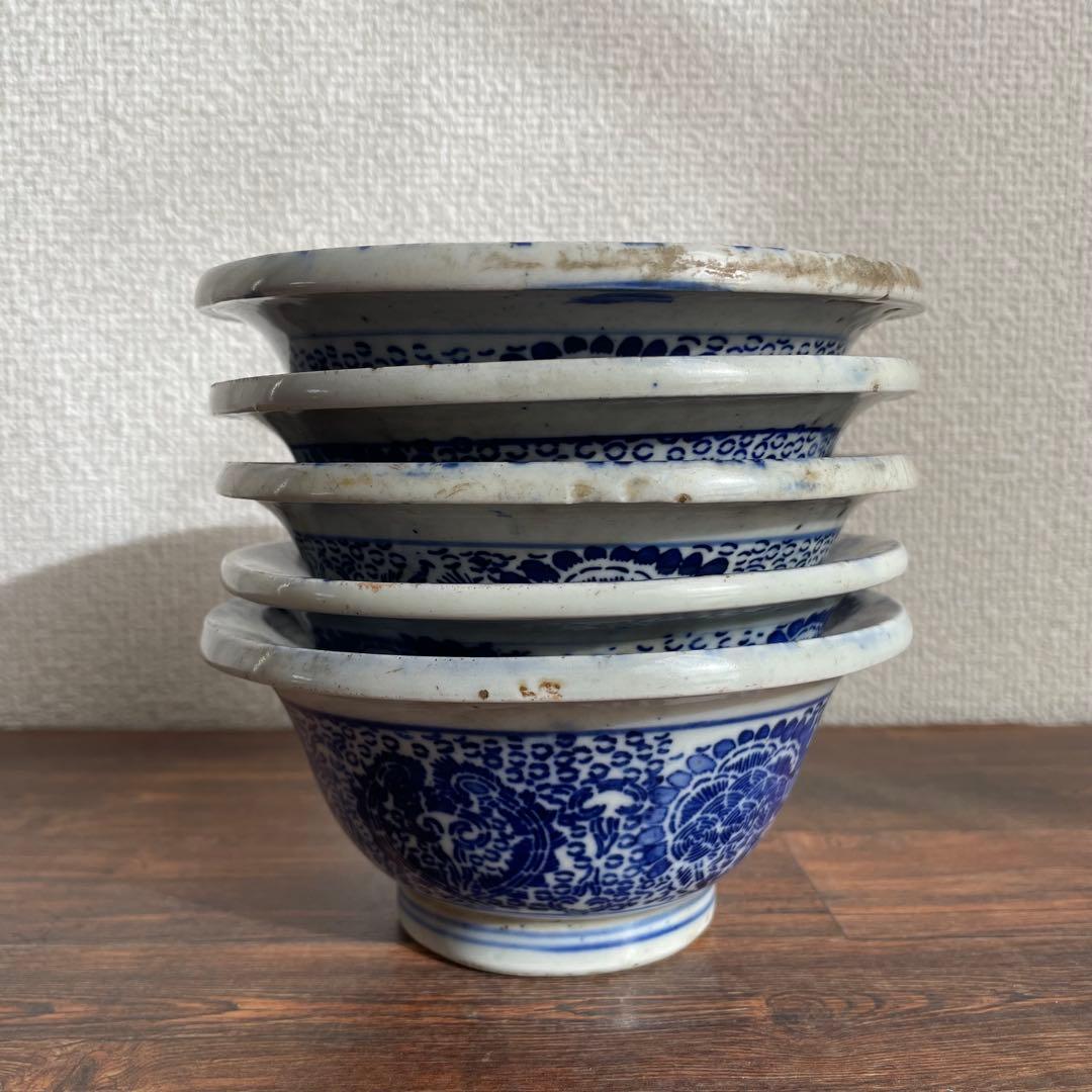 江戸後期〜明治初期 古伊万里 染付鉢 5枚揃い 深鉢 時代物 骨董 アンティーク