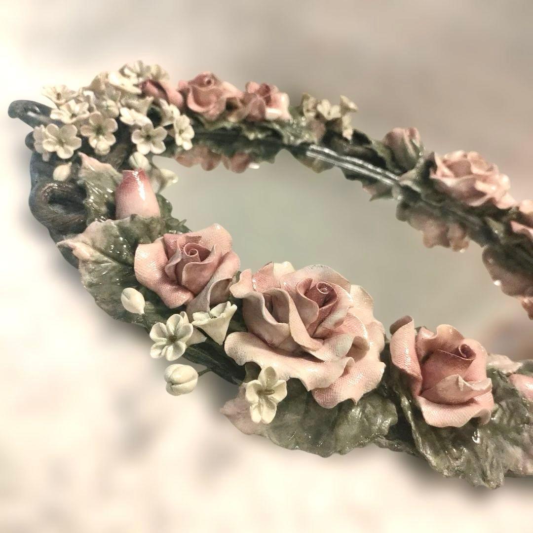 花　フラワー装飾　オーバル 壁掛け鏡 立体 ウォールミラー アンティーク調