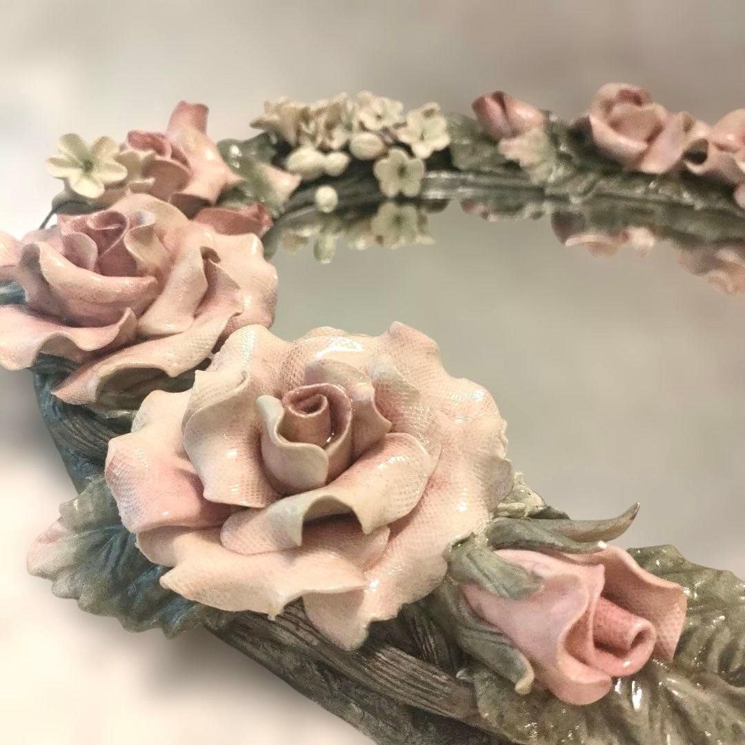 花　フラワー装飾　オーバル 壁掛け鏡 立体 ウォールミラー アンティーク調