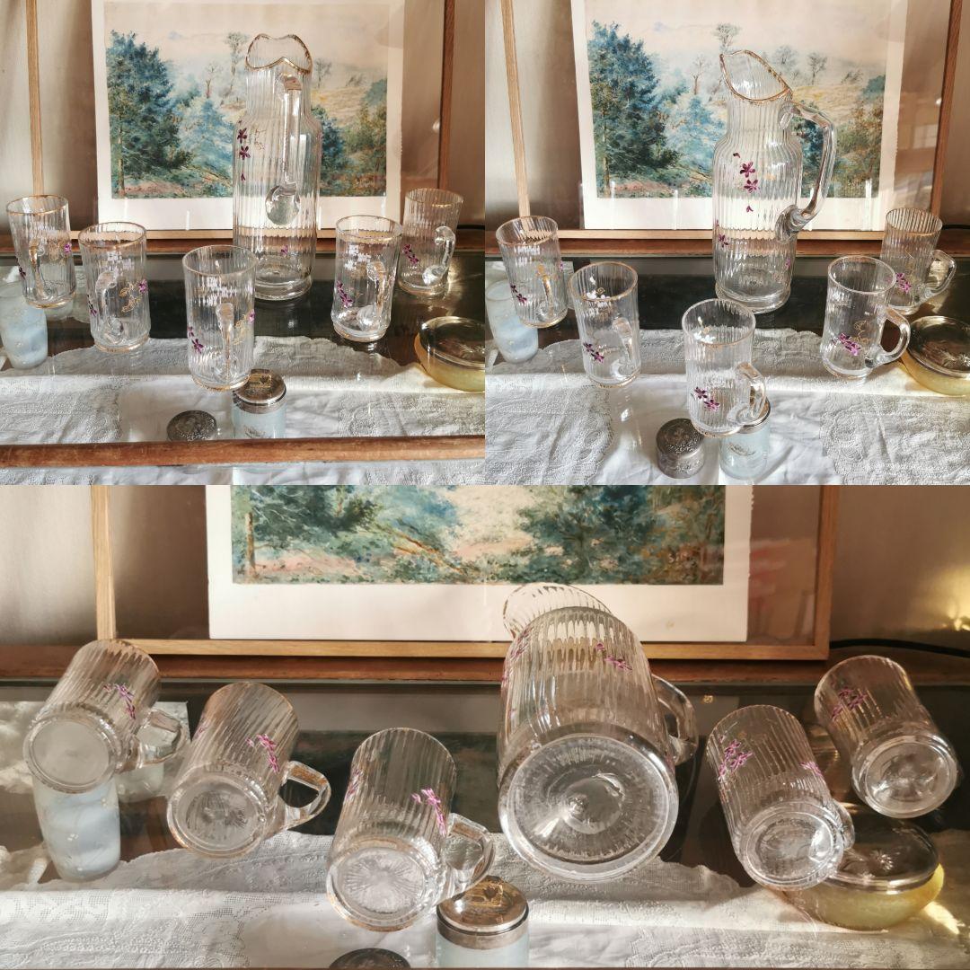 アンティーク 菫エナメル金彩 トールキャラフ＆グラス５客セット ドーム初期ガレ風