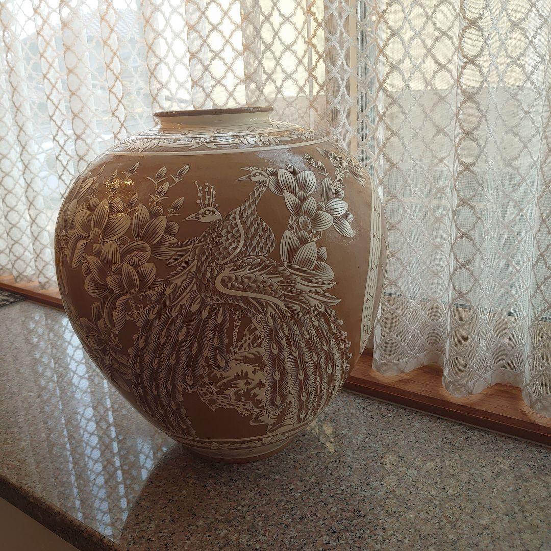 【未使用】菊堂　サイン入り　陶芸　菊孔雀大壺　一点物　50✕40cm