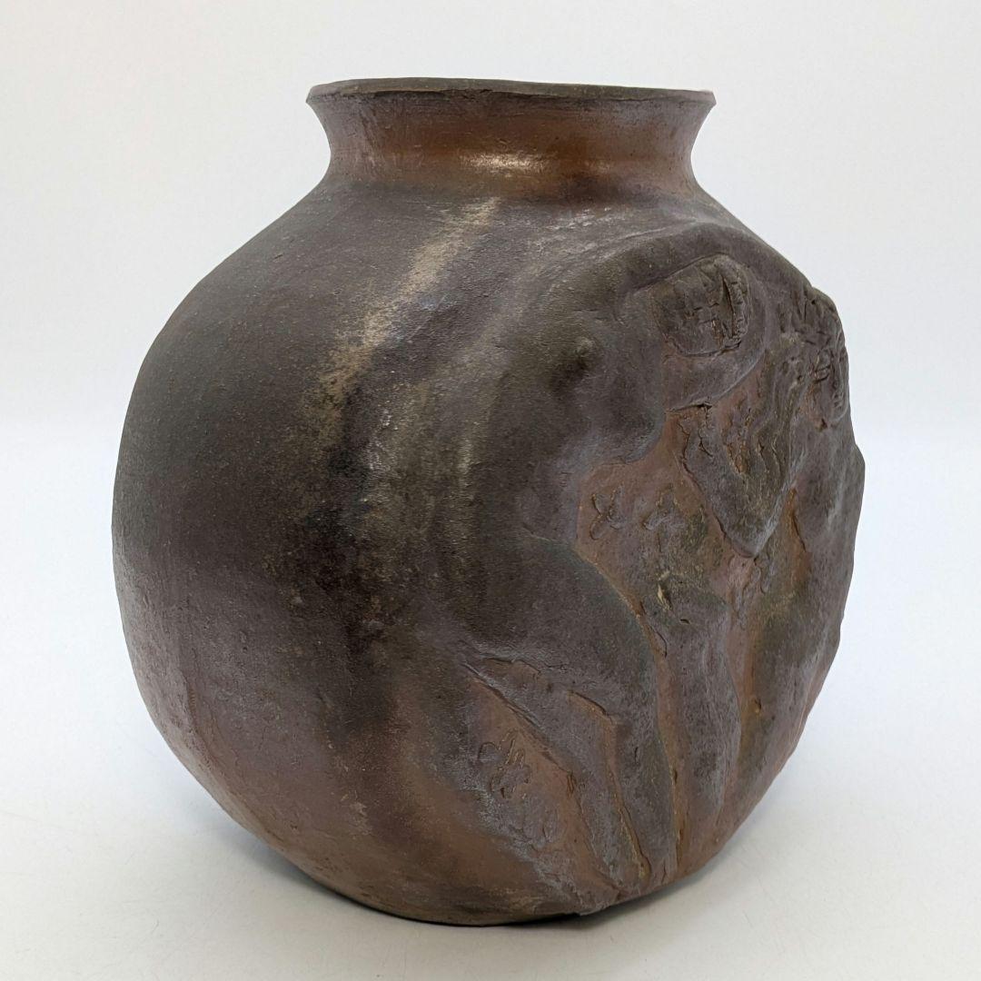 岡本錦朋 備前陶彫「平和の花園」 共箱栞 備前焼 壷花入 壺花瓶 花器 裸婦