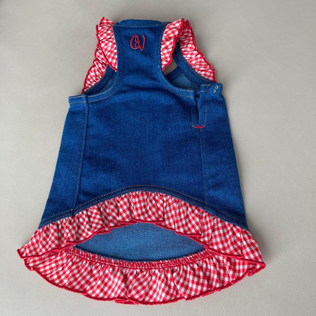 デニム犬服 ギンガムチェック フリル付き