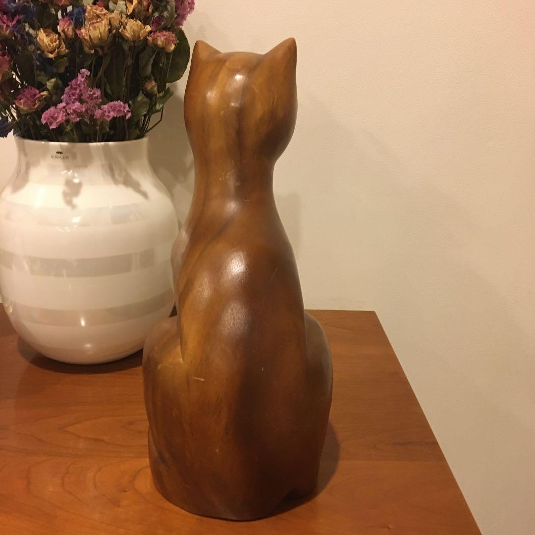 ビンテージ 上品で賢そうな猫ちゃんの高さ約30cm特大な黒檀木彫りの彫刻