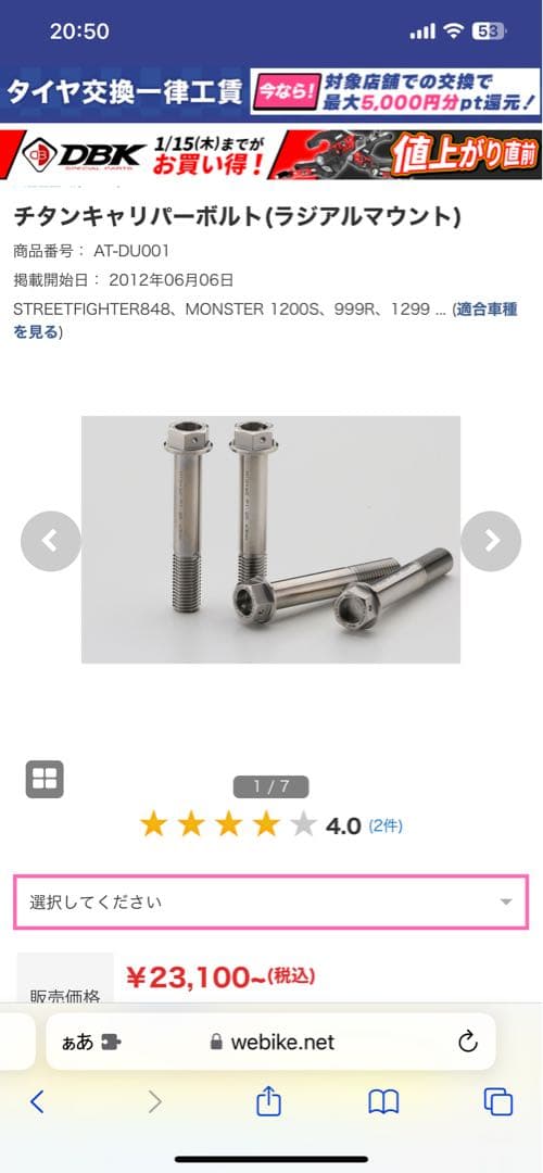 チタンキャリパーボルト 4本 アエラ AELLA ドゥカティ BMW バイク