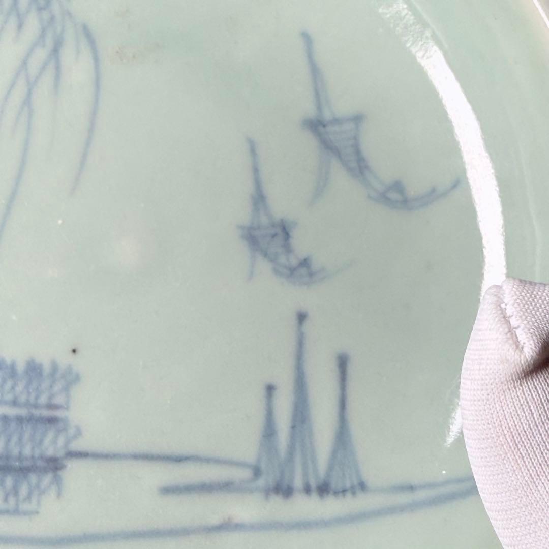 盛期鍋島　青磁染付柳竹垣文高台五寸皿　共箱　直径14.5cm　状態◎　蒐集家旧蔵