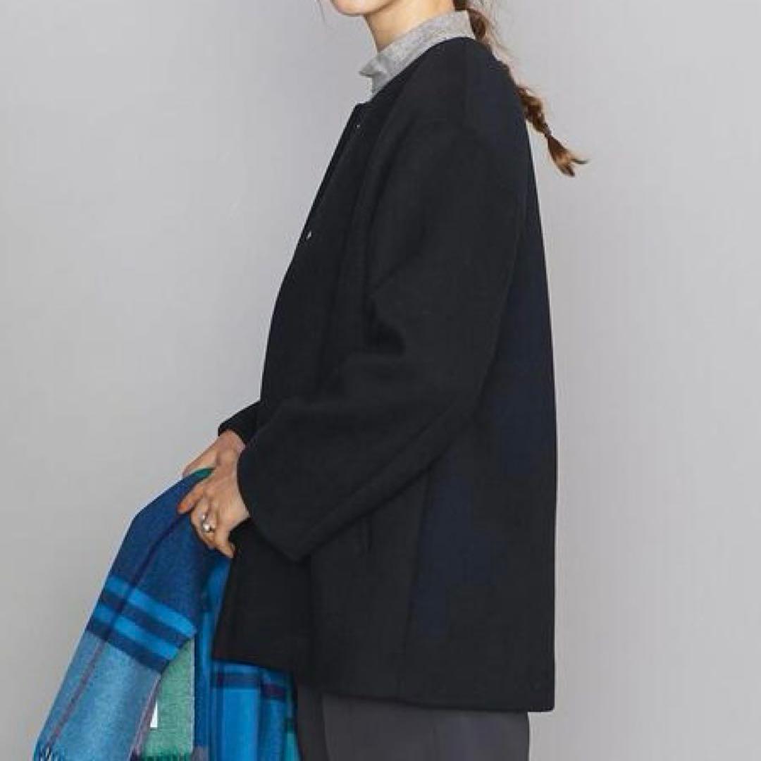 美品 BEAUTY&YOUTH ビーバー ノーカラー ショート コート ネイビー