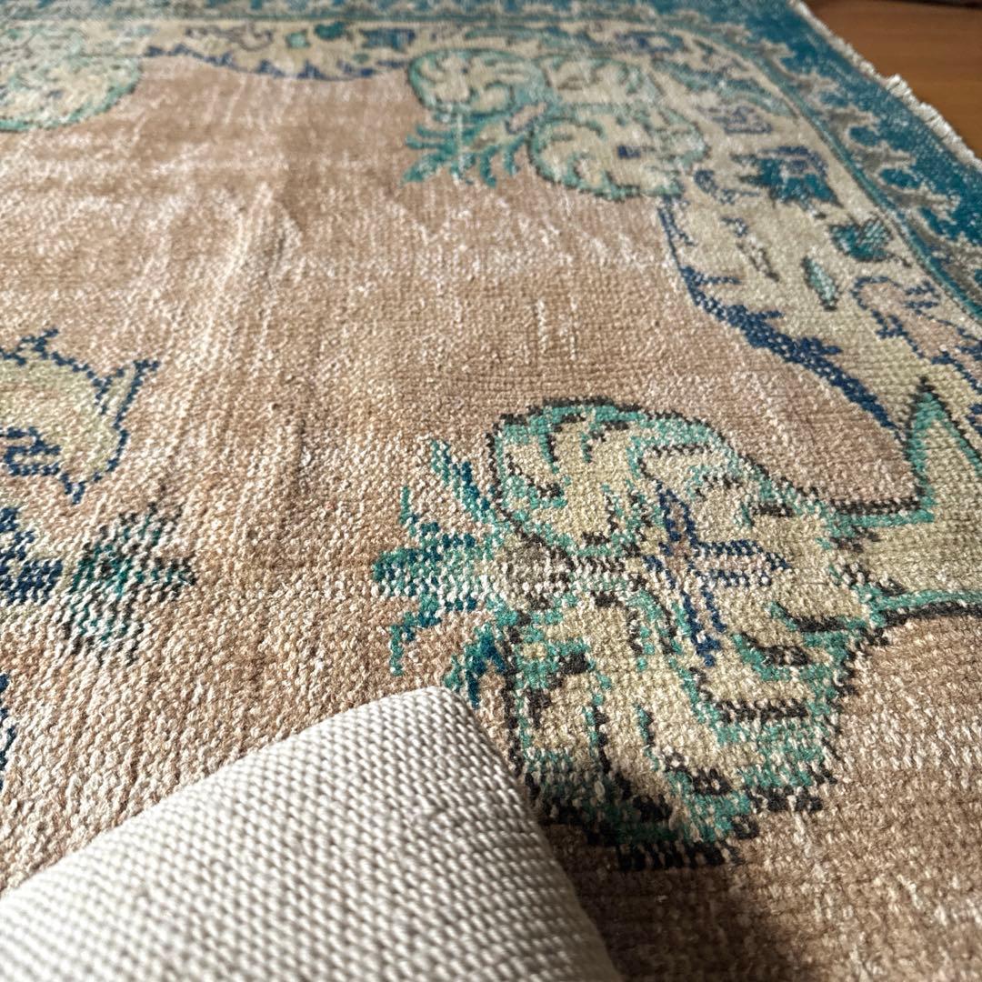 大判172×235淡いブラウンベージュ×ブルー　擦れトルコヴィンテージラグ