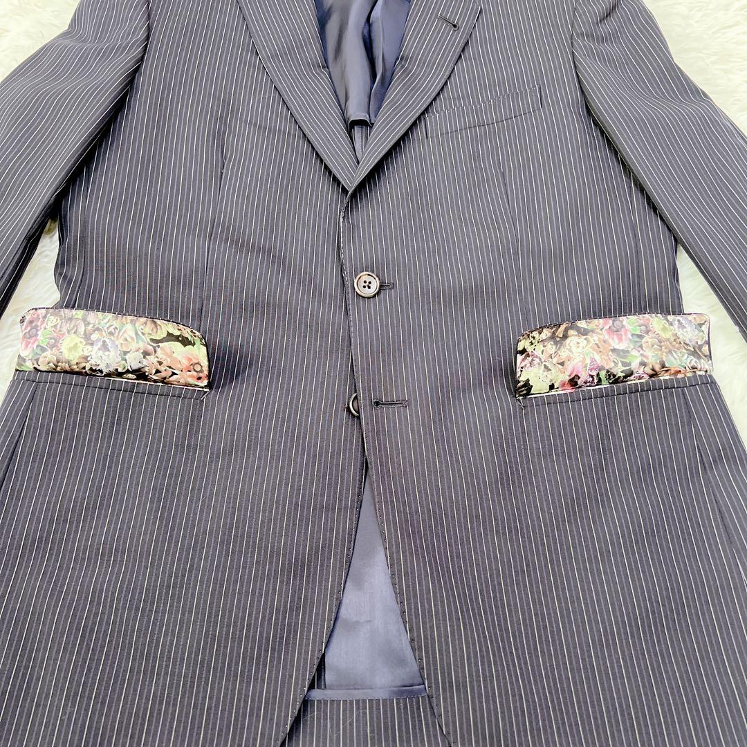 ✨希少✨ ポールスミス 花柄裏地 スーツ セットアップ 黒 紺 ストライプ L