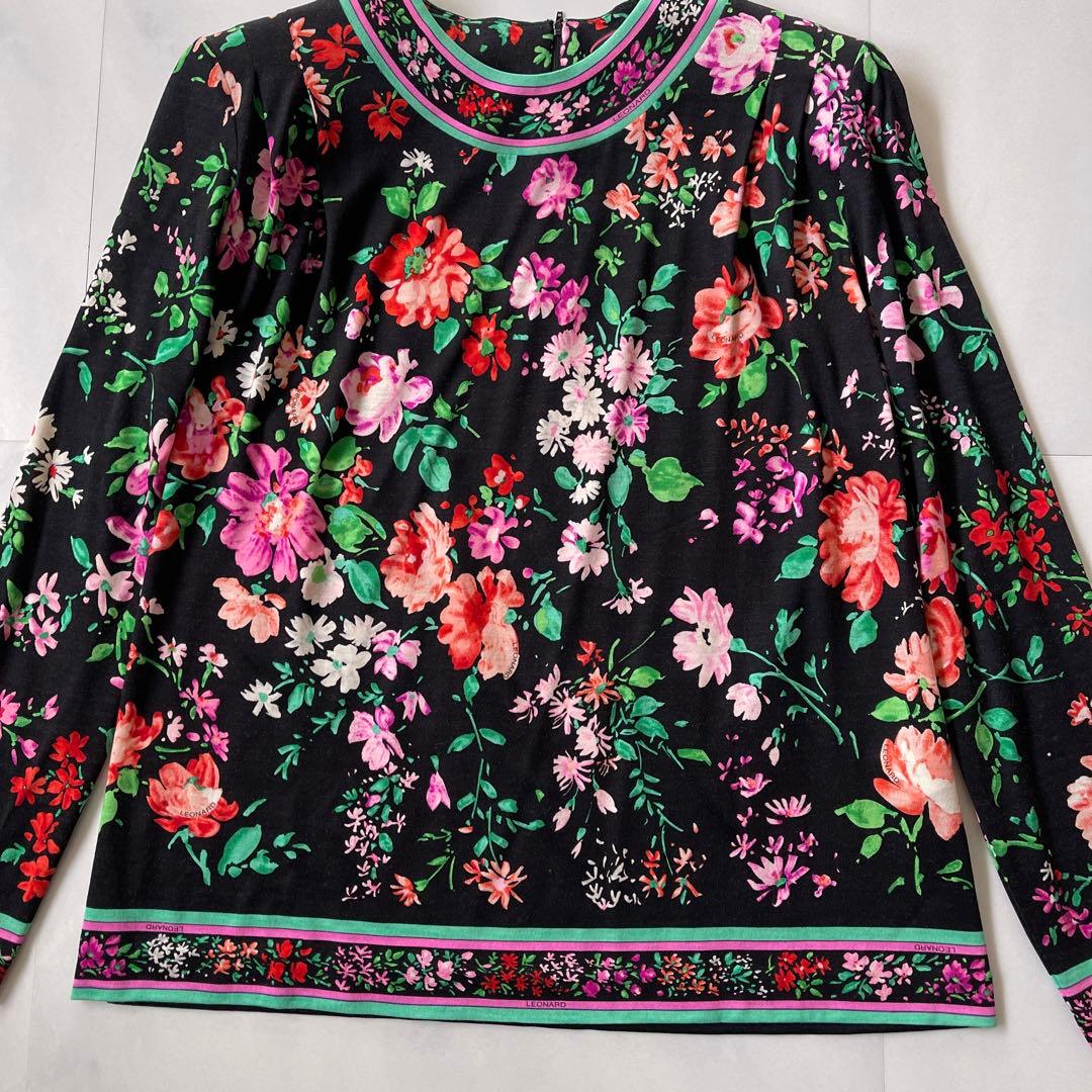極美品✨ レオナール カットソー トリム ストレッチ バラ 花 シルクウール M