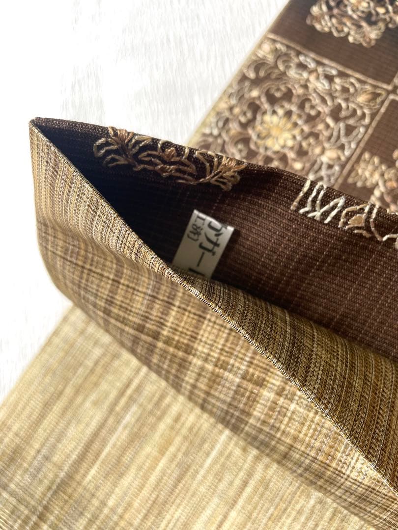 洒落袋帯 大人モダンな総刺繍袋帯 正絹◇ブラウン×ブラック