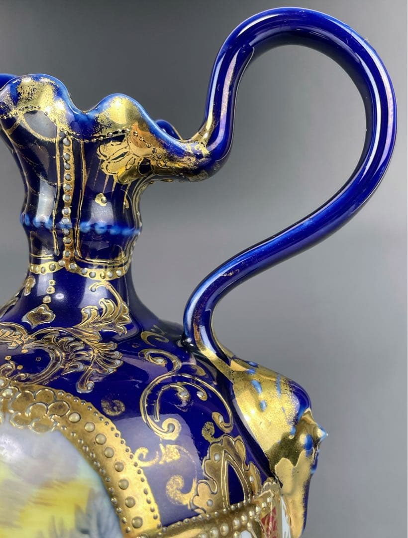 【希少】オールドニッポン ２５㎝ 瑠璃色風景紋スワン花瓶 ピッチャー 金盛り