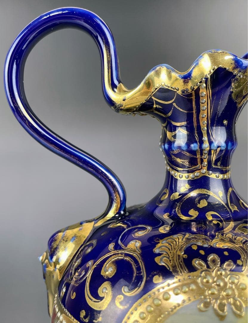 【希少】オールドニッポン ２５㎝ 瑠璃色風景紋スワン花瓶 ピッチャー 金盛り