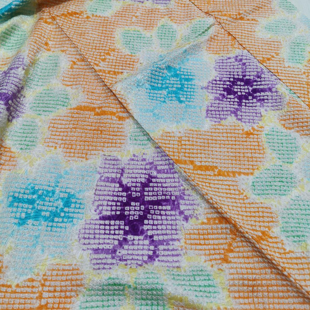 【総絞り】レアカラー ビタミン系 大きなお花 小紋 少しアンティーク